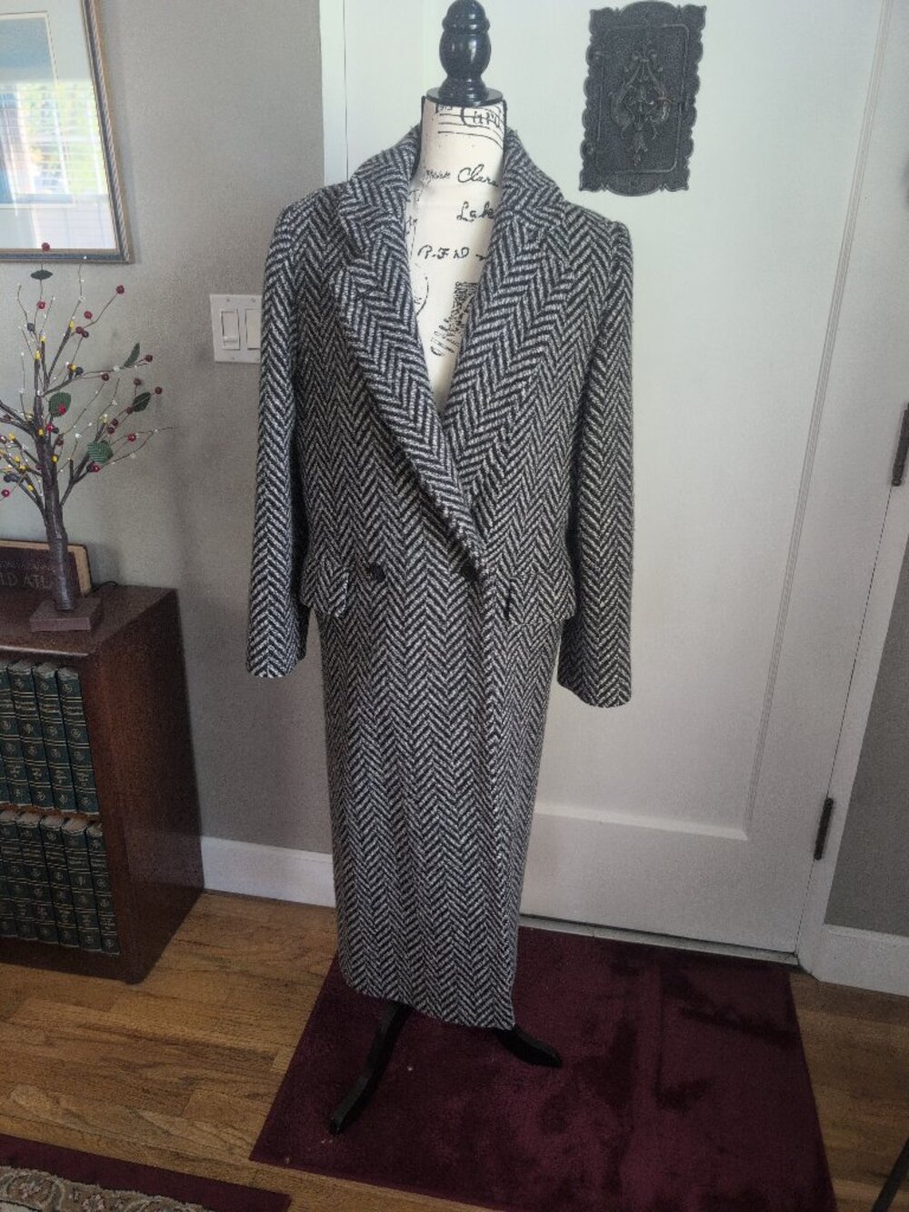Retro Oversized Double Breasted Chevron Coat 100% Wool Sz 8